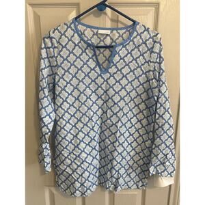 J Jill XS Blue White Cotton Tunic Top Split Neck Patterned Long Sleeve‎ Blouse